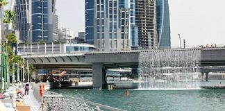 Dubai Canal bridge lights at night