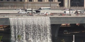 Aerial footage of Dubai Canal waterfall testing