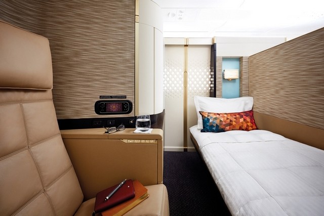 Above, the frist class cabin at Etihad's Airbus A380 aircraft. Courtesy Etihad Airways